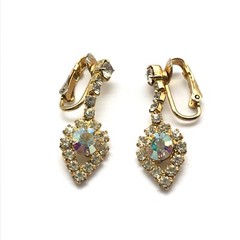 Vintage Clear & AB Rhinestone Gold Tone Sparkly Ladies Dangle Clip On Earrings