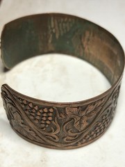 Art Nouveau Style Vintage Solid Copper Cuff Bracelet With Grapes & Leaves Design