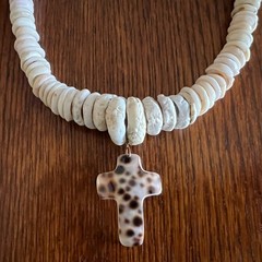 Puka Shell Necklace Vintage 70s w/Hand-Shaped Tiger Cowrie Shell Cross Pendant