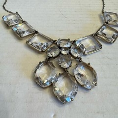 J Crew Bib Statement Necklace Clear Glass Prong Rhinestones Square Oval Round