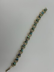 Vintage Iridescent Blue Peacock Oil Slick Rhinestones Gold Tone Bracelet Size 7