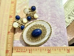 1928 Victorian Revival Mother of Pear & Lapis Blue Stone Pin & Earrings SET