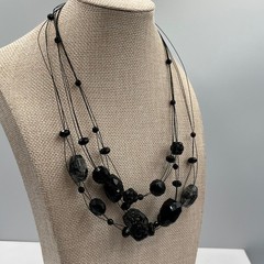 Vintage Black Multi Strand Beads Necklace Faceted Acrylic Statement Layered Boho