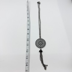 Vintage Gunmetal Gray Filigree Medallion Tassel Pendant Necklace