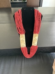 VINTAGE TAMBA GLASS BEADED Coral Necklace With IVORY insets.