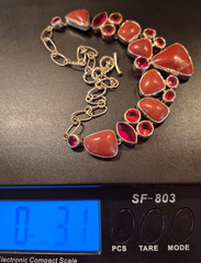 Vintage Coral & Rhinestone Necklace in Heavy Bezeled Sterling 3.1 oz. 20″