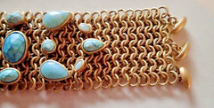 Chunky Wide Brass Metal Meshed Bracelet with Amazonite Stones Signed KC