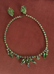 Beautiful Green Rhinestone Costume Necklace + Earrings-1940s- many Rhinestones!