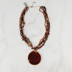 Birch Hill Gold & Brown Tones Enamel Circle Pendant Chain Necklace 20″ NOS