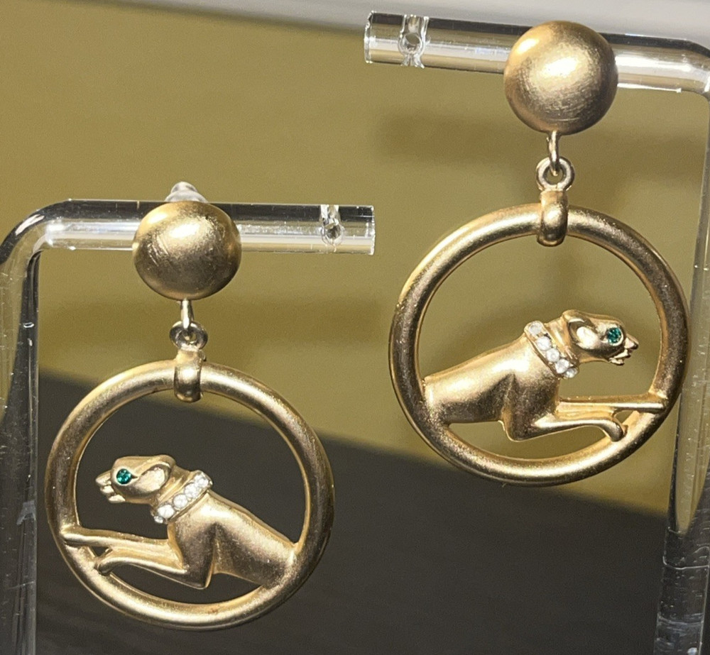 Vintage ’80s Jackie Collins Gold Tone Green Eyes Panther Drop Pierced Earrings