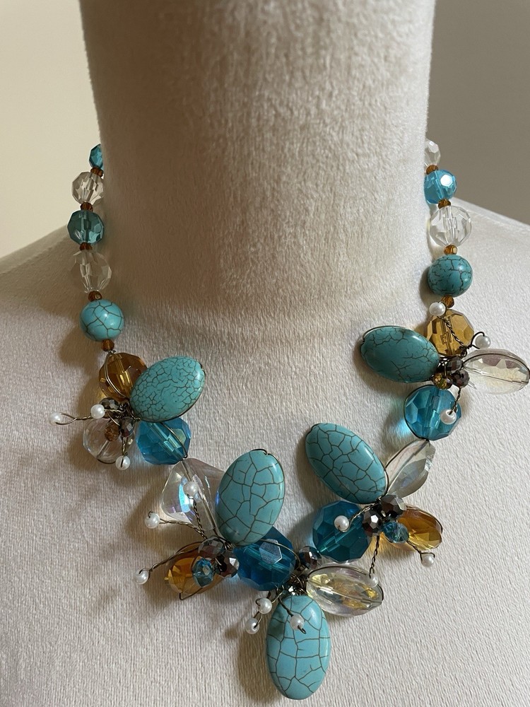 Stunning Unique Faux Turquoise Pearl Amber Beaded Flower Statement Necklace 18″