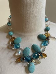 Stunning Unique Faux Turquoise Pearl Amber Beaded Flower Statement Necklace 18″