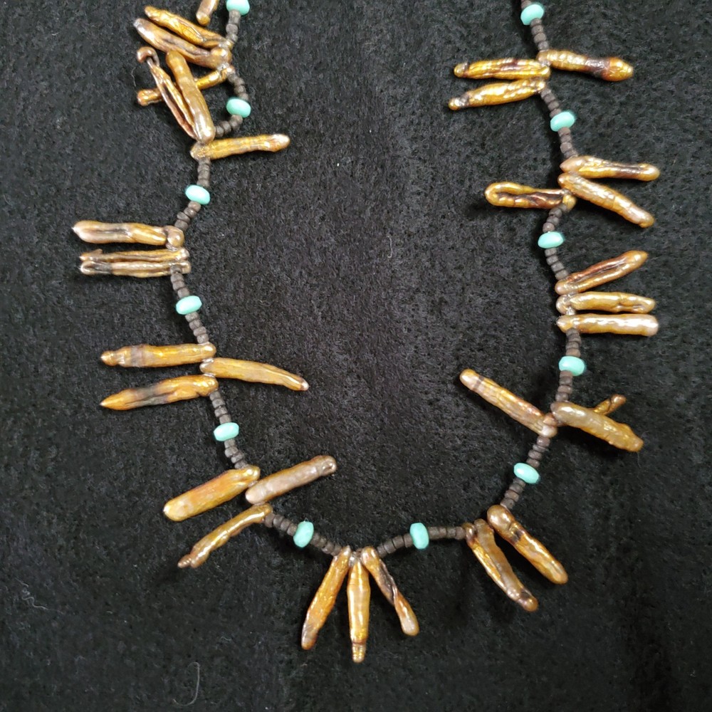 Beaded Necklace Gold Tone Brown Stick Baroque Pearls Sterling Silver 18″