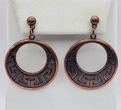Vintage Sunbell Circle Copper Color Metal Dangle Drop Hoop Earrings Southwest
