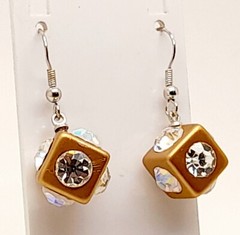 gold tone metal Acrylic clear Rhinestone drop dangle Dice shape Pierced Earrings