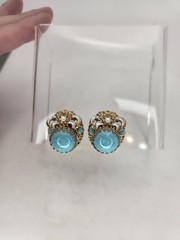 Vintage West Germany Blue Earrings Glass Cab Enamel Signed Clip Ons Rhinestone