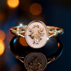 Vintage Gold Silver Oval Leaf Ring White Enamel Stone Women Wedding Jewelry Gift
