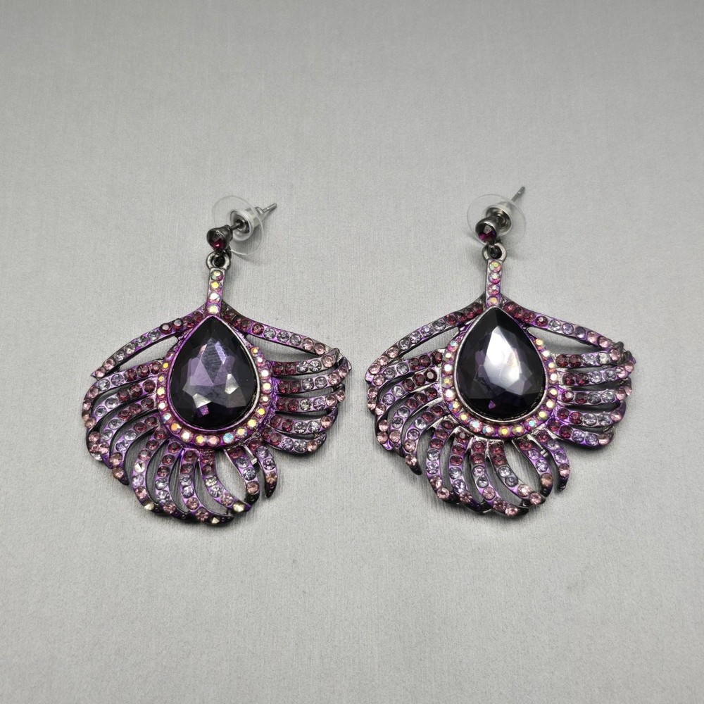Purple Rhinestone Dangle Earrings 2″ Art Deco Fan Statement Gunmetal Boho