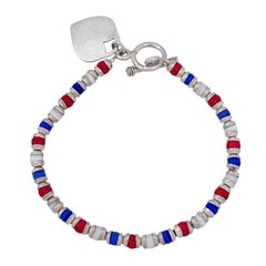 Vintage Sterling Silver 925 Red White Blue Glass Bead Heart Toggle Bracelet 7.5″