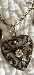 Glass Works Studio Long Charm Necklace Crystal Heart Rhinestone Brass Tone 18″