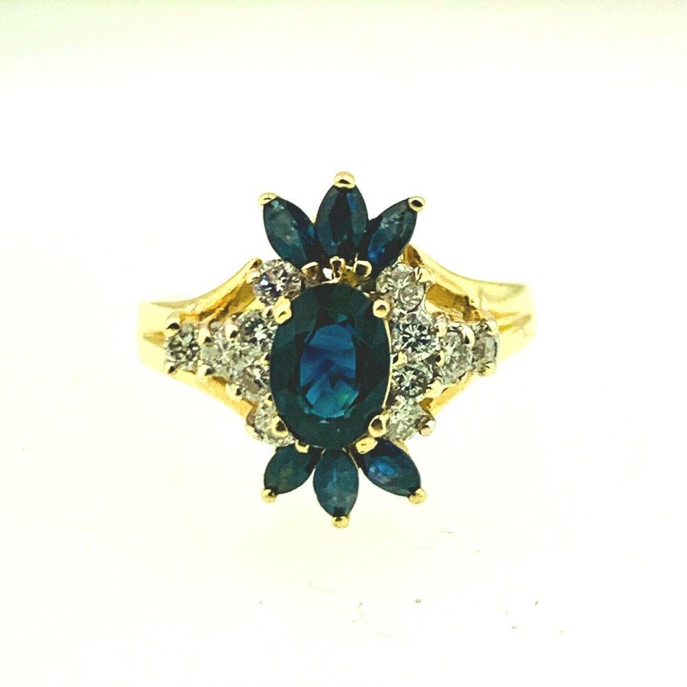 STUNNING 14K YELLOW GOLD SAPPHIRE & DIAMOND COCKTAIL RING