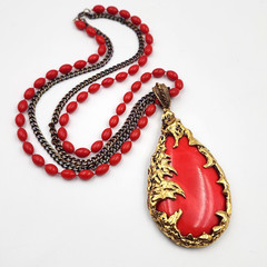1960s Brutalist Love Witch Red Bead Gold Tone Pendant Necklace Vintage