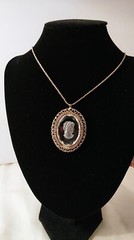 Necklace Carved Glass Cameo Warner Pendant Rhinestones Orig 23″ Chain Vintage
