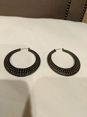Vintage Earrings Hoop Wire Closure Hollow Metal Embossed Damask Motif Large