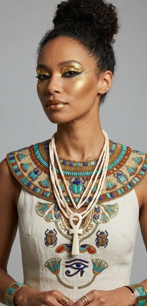 Vintage Bone Ankh Necklace Egyptian Tribal Beaded Statement Jewelry