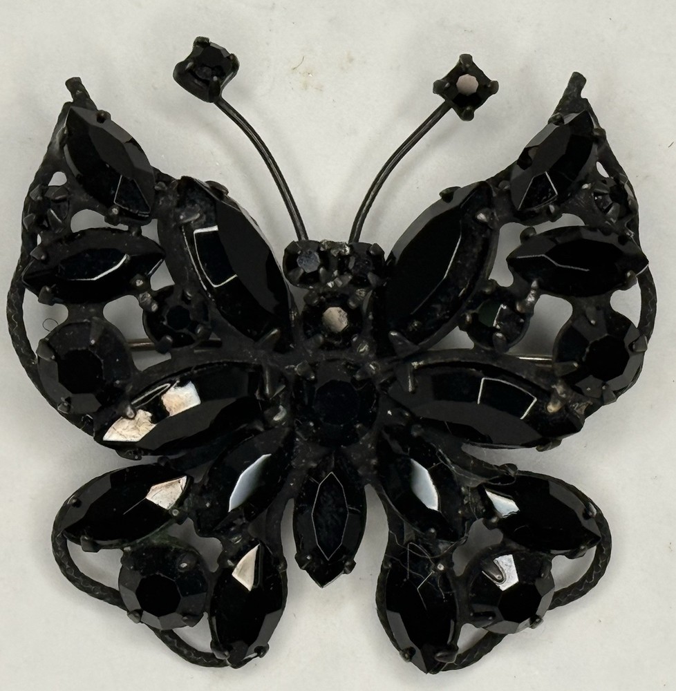Vintage Butterfly Brooch Signed Regency Jet Black Rhinestone Pin