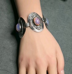 Vintage Sterling Silver Faux Fire Opal Panel Bracelet Ornate Floral Engraved