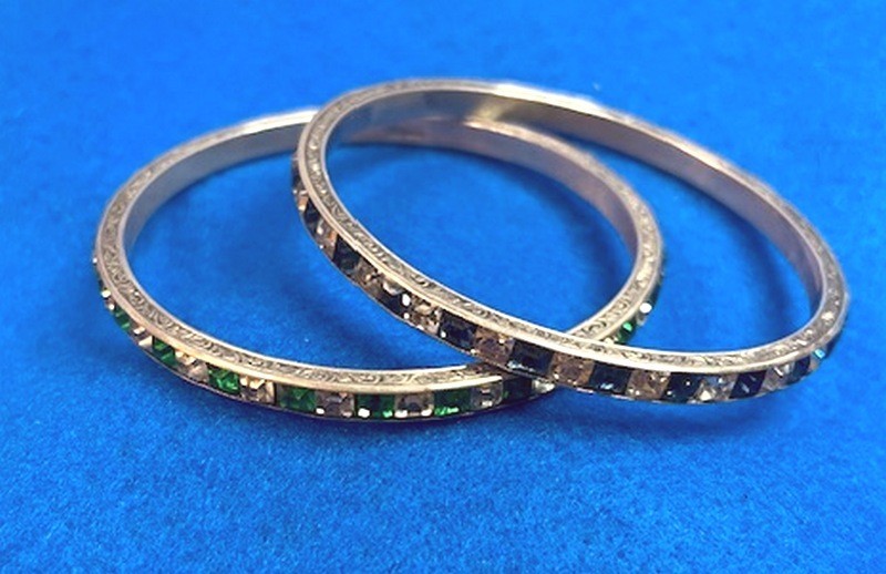 VINTAGE ANTIQUE 2 STERLING BLUE & GREEN & WHITE RHINESTONE CRYSTAL BANGLE SET