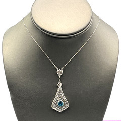 Art Deco Sterling Silver Filigree Necklace Teal Rhinestone Necklace 16″ Antique