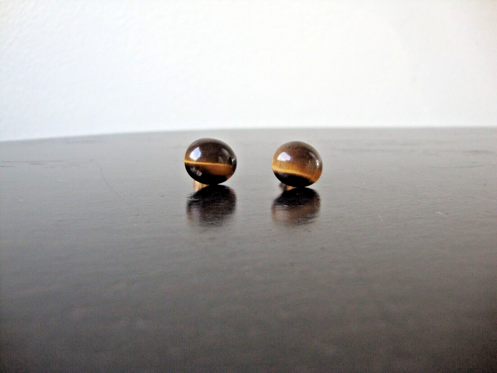 VINTAGE 1970s HANDMADE TIGER’S EYE CABOCHON YELLOW GOLD PLATED STUD EARRINGS