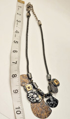 Chico’s Vintage Art Deco Fan Charm Necklace Mesh Chain Black Gold Enamel Signed