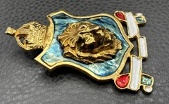 HUGE Accessocraft NYC 80s Vintage Leo Lion Shield Crown Brooch Gold Tone Enamel