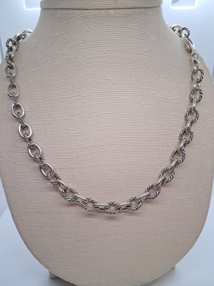 Pure .999 SILVER Vintage Bird USA Braided Oval Rolo Link Chain Necklace 18”