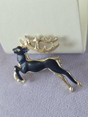 Vintage Brooch Pin Deer Reindeer Black Blue Enamel Gold tone