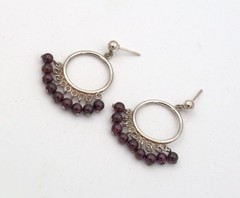 90s Estate Almandine Garnet Bead Fringe Sterling Drop Post Hoop Earrings