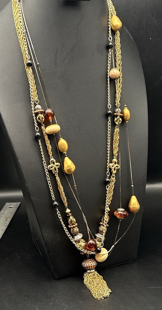 Estate Jewelry Lot Of 3 Necklaces Ethnic Beaded Gold Tone Chain Casual Corner