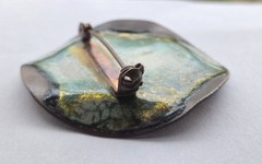 Vintage Mid Century Round Enamel on Copper Brooch Amber, Green, Yellow Abstract