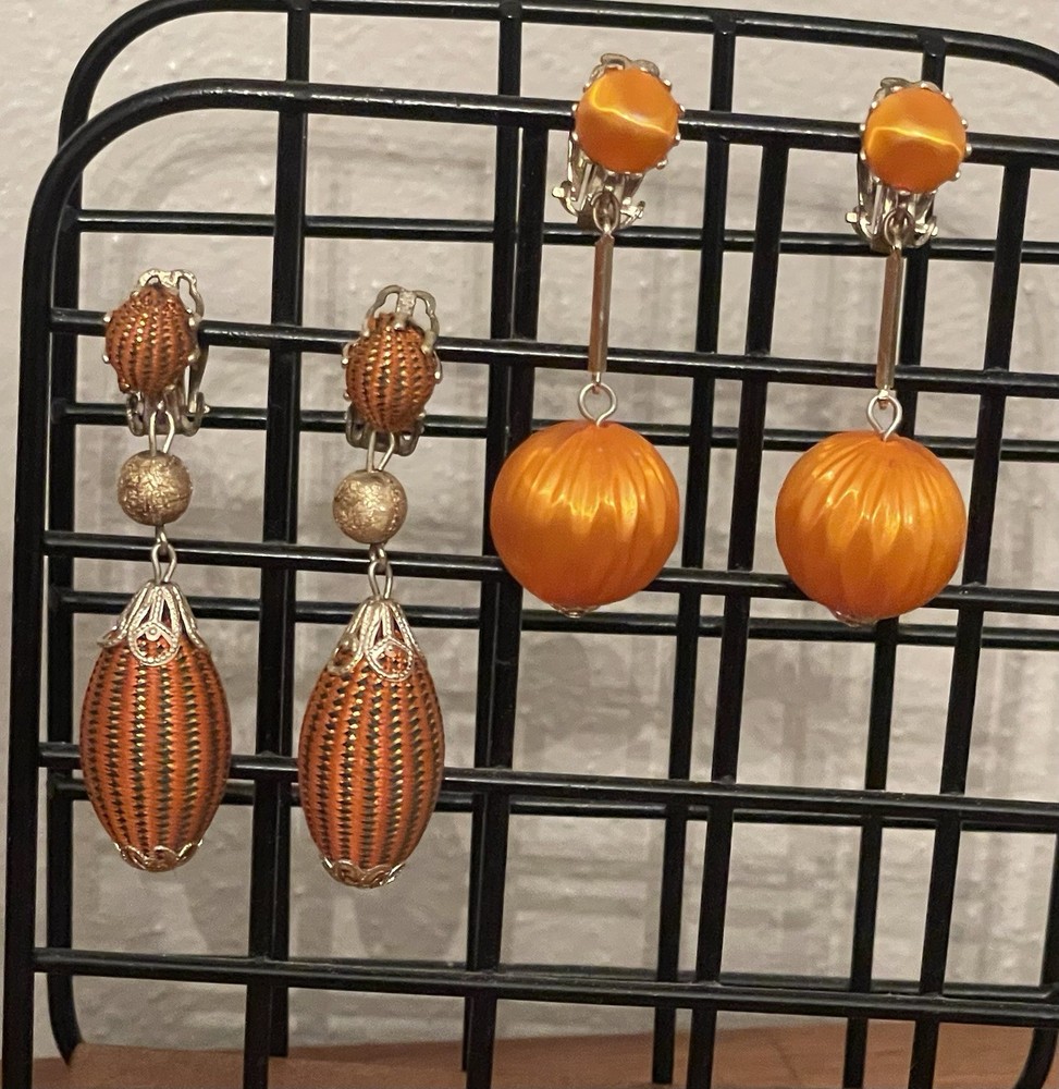 Lot Of 2-Vintage Dangle Drop Orange Clip on Earrings Stamped Japan