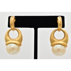 Vintage Pearl Drop Earrings Dangle Brushed Gold Matte Hoop Chunky NOS 1980s A23