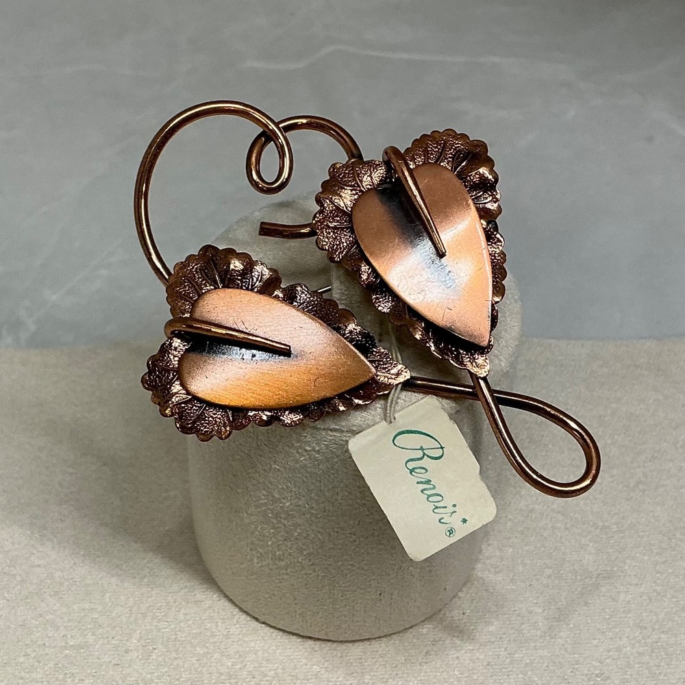 Vintage Signed Renoir Copper Abstract Modernist Double Leaf Brooch Pin 3 1/4″