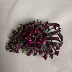 Vintage Pink Red Rhinestone Floral Spray Brooch Pin Japanned Black Tone 2”