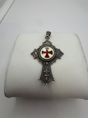 Vintage Red and White Inlay Enamel Sterling Silver Iron Maltese Cross