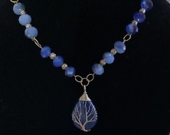 Blue Glass Beaded Necklace, Bracelet 3.5 inches across, Pendant Tree of life