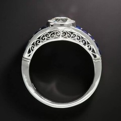 Art Deco Lab Created Diamond & Sapphire 14K White Gold Finish Party Wear Ring