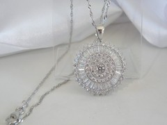Vintage Style Sterling Silver 925 Baguette Starburst CZ Large Pendant Necklace