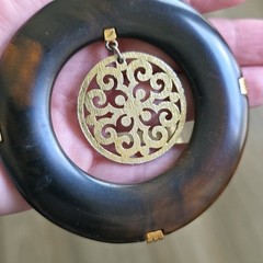 Vinatge Crown Trifari Necklace Large Brown Faux Tortuous Pendant Gold Tone Chain